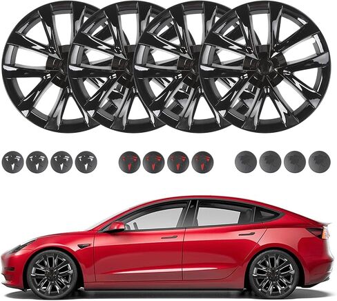 PM Auto Set of 4 Gloss Black Snap On Hubcap Wheel Rim Skin Covers for 2017-2023 Tesla 3 Except Highland in Saudi Arabia