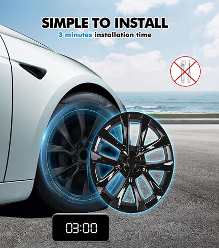 PM Auto Set of 4 Gloss Black Snap On Hubcap Wheel Rim Skin Covers for 2017-2023 Tesla 3 Except Highland in Saudi Arabia