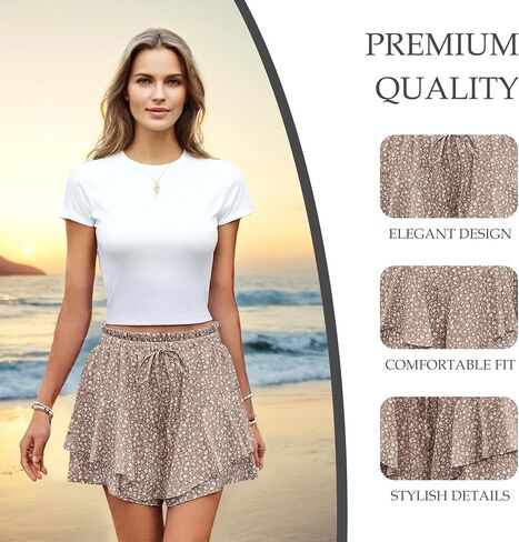 Women's Floral Print Ruffle Layered Shorts, High Waisted, Drawstring Design, Casual Summer Beach Style in Saudi Arabia