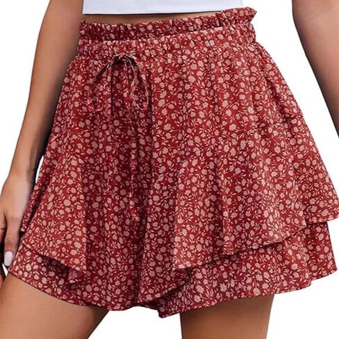 Women's Floral Print Ruffle Layered Shorts, High Waisted, Drawstring Design, Casual Summer Beach Style in Saudi Arabia