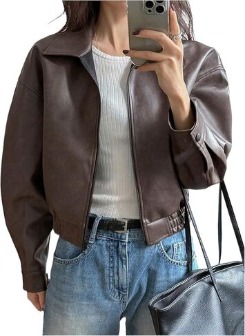 Women's Y2K Faux Leather Jacket Zip Up Crop Bomber Jacket Going Out Motor Bike Motorcycle Coat Streetwear with Pocket in Saudi Arabia