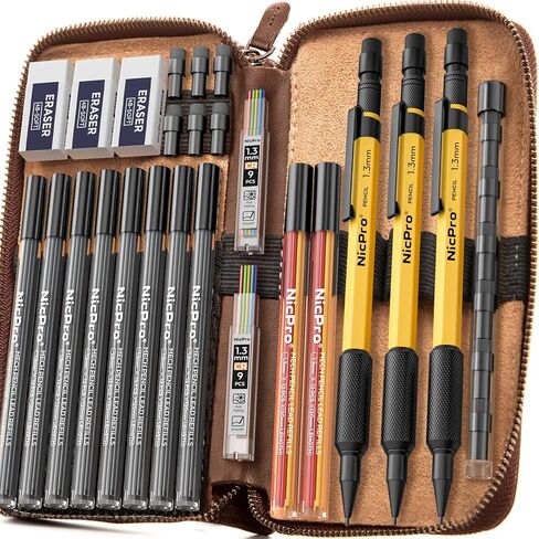 Nicpro 17PCS 1.3 mm Mechanical Pencil Set in Leather Bag with 90 Lead Refill,3 Eraser,12 Eraser Refills- Weatherproof Metal Barrel,Heavy Duty Carpenter Pencil for Outdoor Marking Drawing Woodworking in Kuwait