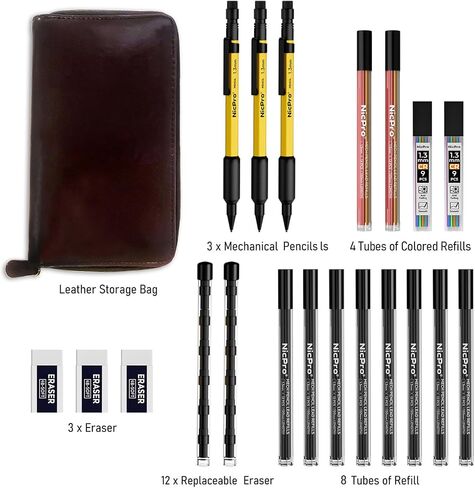 Nicpro 17PCS 1.3 mm Mechanical Pencil Set in Leather Bag with 90 Lead Refill,3 Eraser,12 Eraser Refills- Weatherproof Metal Barrel,Heavy Duty Carpenter Pencil for Outdoor Marking Drawing Woodworking in Kuwait