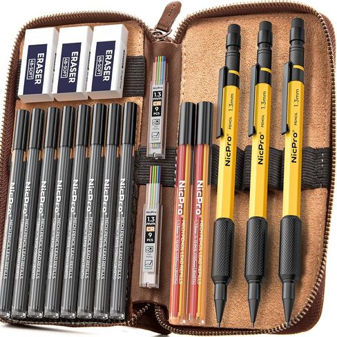 Nicpro 17PCS 1.3 mm Mechanical Pencil Set in Leather Bag with 90 Lead Refill,3 Eraser,12 Eraser Refills- Weatherproof Metal Barrel,Heavy Duty Carpenter Pencil for Outdoor Marking Drawing Woodworking in Kuwait