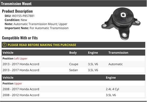 Upper Automatic Transmission Mount - Compatible with 2008-2017 Honda Accord in Saudi Arabia
