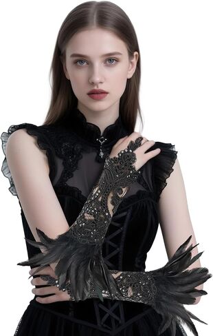 Women's Gothic Lace Feather Long Gloves Witch Angel Costume Accessories Swan Wings Wrist Bands Lace Fingerless Gloves in Saudi Arabia