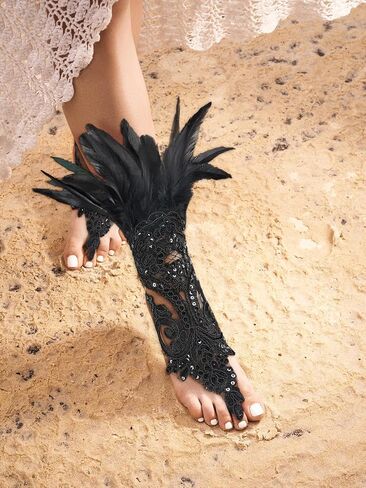 Women's Gothic Lace Feather Long Gloves Witch Angel Costume Accessories Swan Wings Wrist Bands Lace Fingerless Gloves in Saudi Arabia