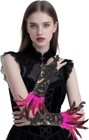 Women's Gothic Lace Feather Long Gloves Witch Angel Costume Accessories Swan Wings Wrist Bands Lace Fingerless Gloves in Saudi Arabia