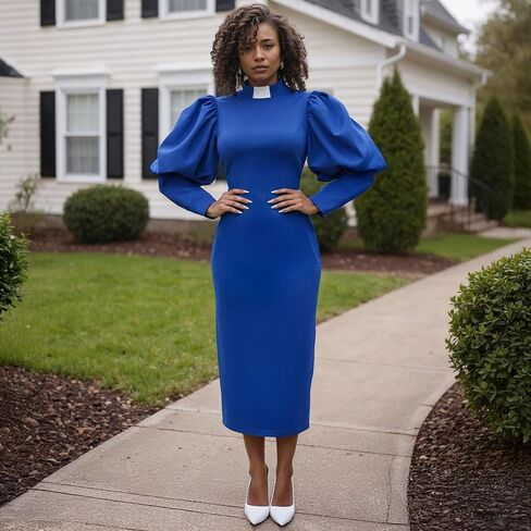 Women’s Clergy Dress – Puff Sleeves & Classic Collar – Modest Church Attire – Regular - 4813 in Saudi Arabia