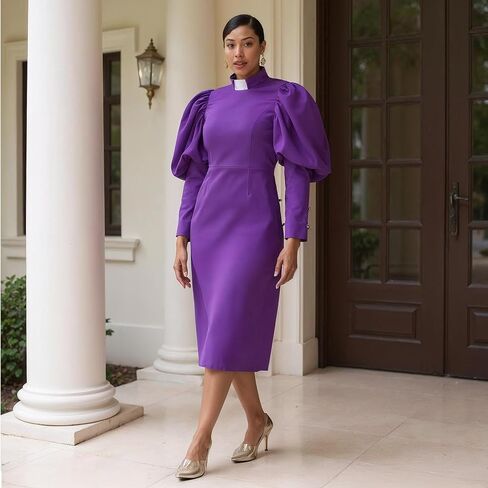 Women’s Clergy Dress – Puff Sleeves & Classic Collar – Modest Church Attire – Regular - 4813 in Saudi Arabia