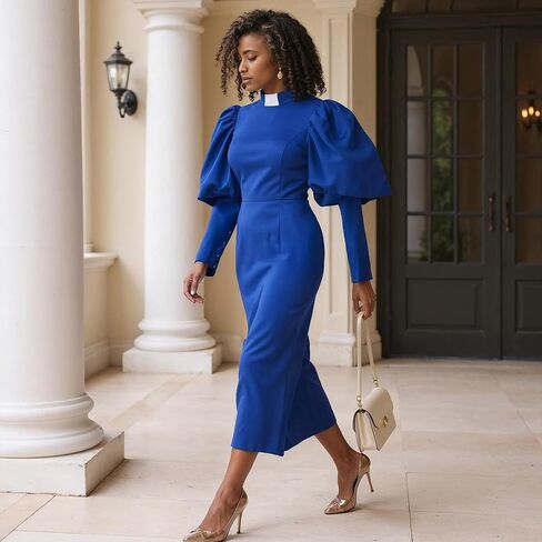 Women’s Clergy Dress – Puff Sleeves & Classic Collar – Modest Church Attire – Regular - 4813 in Saudi Arabia