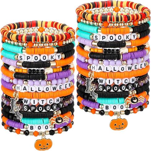 Sasylvia 32 Pcs Halloween Bracelets Bulk Clay Beaded Friendship Surfer Heishi Stretch Elastic Layering Bracelets for Women Holiday Jewelry Gifts Halloween Party Supplies in Saudi Arabia