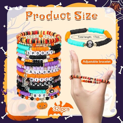 Sasylvia 32 Pcs Halloween Bracelets Bulk Clay Beaded Friendship Surfer Heishi Stretch Elastic Layering Bracelets for Women Holiday Jewelry Gifts Halloween Party Supplies in Saudi Arabia