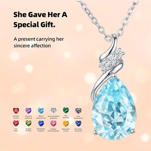 Birthstone Necklace for Women - S925 Sterling Silver Teardrop with Cubic Zirconia and Gemstones -Birthday Jewelry gift for her, Girlfriend, Wife, Mom on Birthday, Anniversary in Saudi Arabia