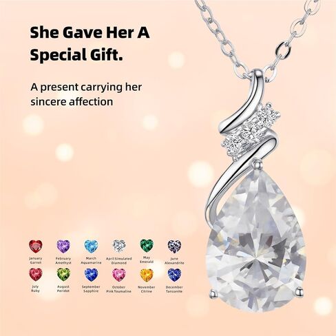 Birthstone Necklace for Women - S925 Sterling Silver Teardrop with Cubic Zirconia and Gemstones -Birthday Jewelry gift for her, Girlfriend, Wife, Mom on Birthday, Anniversary in Saudi Arabia