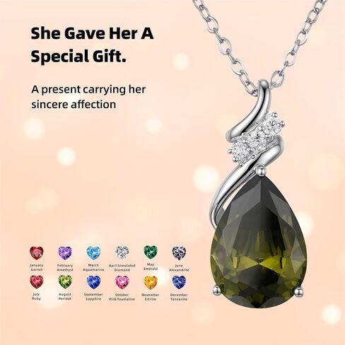 Birthstone Necklace for Women - S925 Sterling Silver Teardrop with Cubic Zirconia and Gemstones -Birthday Jewelry gift for her, Girlfriend, Wife, Mom on Birthday, Anniversary in Saudi Arabia