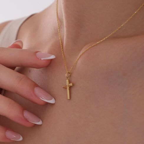 MIONZA 14K Solid Gold Cross Necklace for Women, Gold Cross Pendant Chain,Adjustable Crucifix Necklace,Religious Gifts for Her 18'' in Saudi Arabia