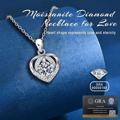 1 Carat Heart Moissanite Necklace for Women, D Color VVS1 Clarity Sterling Silver Promise Pendant with GRA Certificate, Gift for Her Wife Girlfriend Mom on Anniversary Birthday in Saudi Arabia