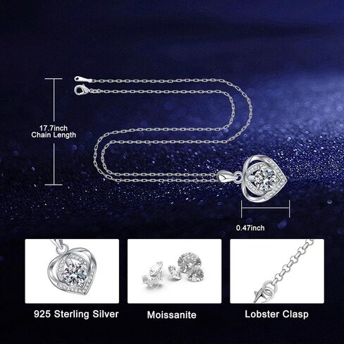1 Carat Heart Moissanite Necklace for Women, D Color VVS1 Clarity Sterling Silver Promise Pendant with GRA Certificate, Gift for Her Wife Girlfriend Mom on Anniversary Birthday in Saudi Arabia
