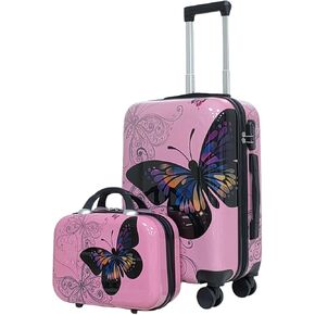 Pink Butterfly Printed Carry on Approved 14" + 20" Luggage Two Pieces Set Storage BagsClassic Cute Style Universal Silent Wheels Telescopic Aluminum Trolley Suitable for Short-Term Travel or Camping in Saudi Arabia