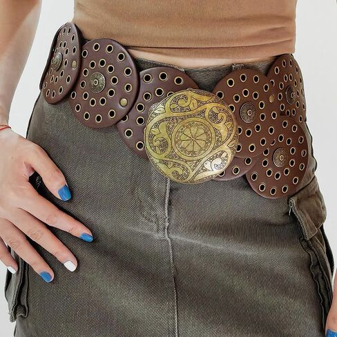 Wide-Disc-Belt-Womens Western-Chunky Concho-Punk Boho-Hollow-Waist-Belt for Dress Jeans in Saudi Arabia