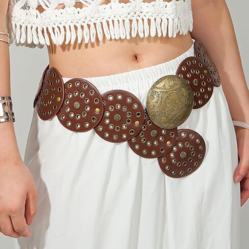 Wide-Disc-Belt-Womens Western-Chunky Concho-Punk Boho-Hollow-Waist-Belt for Dress Jeans in Saudi Arabia