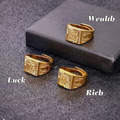 3 Pcs 18K Gold Filled Kanji Rings Set for Men Women Gold Ring Rich Luck Wealth Adjustable Hip Pop Ring Set in Saudi Arabia