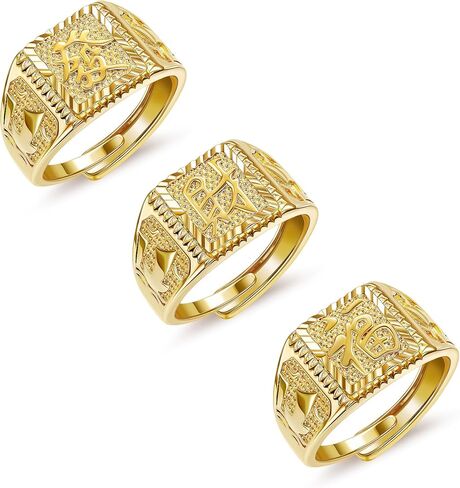 3 Pcs 18K Gold Filled Kanji Rings Set for Men Women Gold Ring Rich Luck Wealth Adjustable Hip Pop Ring Set in Saudi Arabia