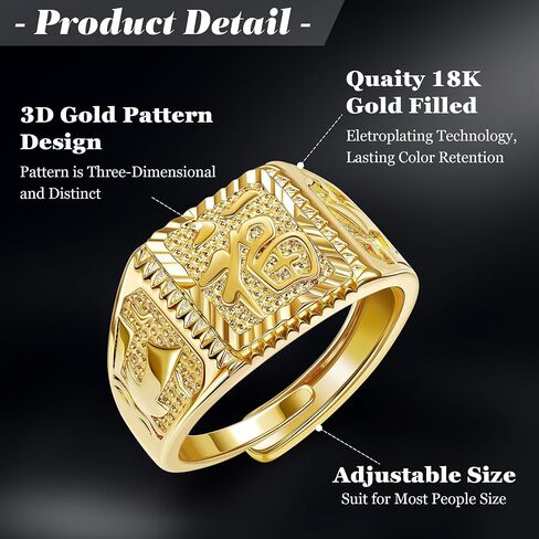 3 Pcs 18K Gold Filled Kanji Rings Set for Men Women Gold Ring Rich Luck Wealth Adjustable Hip Pop Ring Set in Saudi Arabia