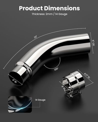 JY PERFORMANCE 5 Inch ID Diesel Exhaust Tip Elbow Tip 5'' Inlet 6'' Outlet 23'' Long Chrome Turndown Exhaust Tip in Kuwait