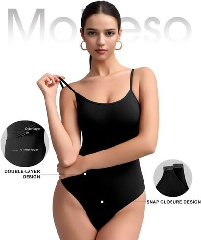 MOSEBO Women's Cami Thong Bodysuit Top مع أشرطة قابلة للتعديل ، مزيج من النايلون المتبادل مزدوجًا ، راحة طوال اليوم in Kuwait