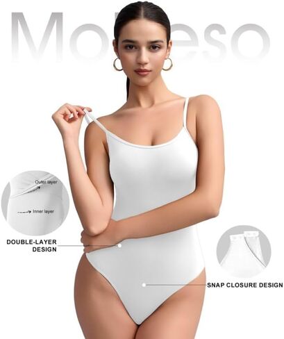 MOSEBO Women's Cami Thong Bodysuit Top مع أشرطة قابلة للتعديل ، مزيج من النايلون المتبادل مزدوجًا ، راحة طوال اليوم in Kuwait