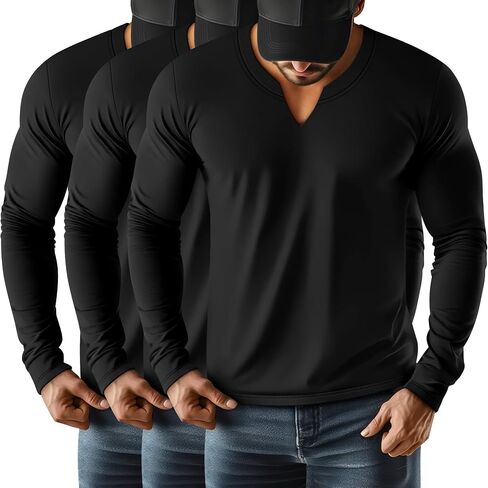 RIYIPER 3 Pack Men Long Sleeve T Shirts ، V Neck Longline Henley Cotton Derts Nasual Muscle Tee Stretch Tops in Saudi Arabia