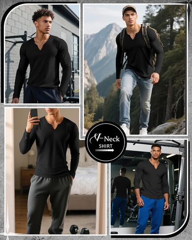 RIYIPER 3 Pack Men Long Sleeve T Shirts ، V Neck Longline Henley Cotton Derts Nasual Muscle Tee Stretch Tops in Saudi Arabia