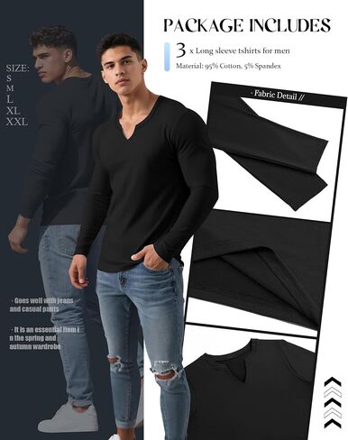 RIYIPER 3 Pack Men Long Sleeve T Shirts ، V Neck Longline Henley Cotton Derts Nasual Muscle Tee Stretch Tops in Saudi Arabia