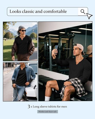 RIYIPER 3 Pack Men Long Sleeve T Shirts ، V Neck Longline Henley Cotton Derts Nasual Muscle Tee Stretch Tops in Saudi Arabia