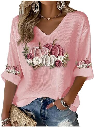 Women's Casual Pink Pumpkin Floral Waffle T-Shirt Breast Cancer Awareness Top in Saudi Arabia