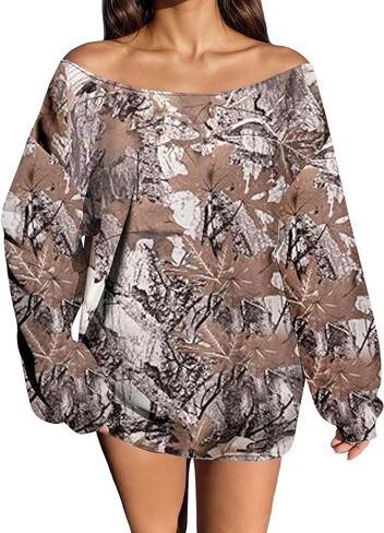 Ythomm Womens Camo Oversized Sweatshirts Off Shoulder Fleece Tops Long Sleeve Maple Leaf Print Fall Pullover Sweaters 2025 in Kuwait