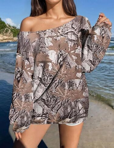 Ythomm Womens Camo Oversized Sweatshirts Off Shoulder Fleece Tops Long Sleeve Maple Leaf Print Fall Pullover Sweaters 2025 in Kuwait