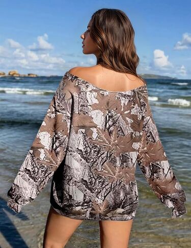 Ythomm Womens Camo Oversized Sweatshirts Off Shoulder Fleece Tops Long Sleeve Maple Leaf Print Fall Pullover Sweaters 2025 in Kuwait