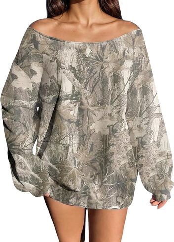 Ythomm Womens Camo Oversized Sweatshirts Off Shoulder Fleece Tops Long Sleeve Maple Leaf Print Fall Pullover Sweaters 2025 in Kuwait