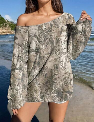 Ythomm Womens Camo Oversized Sweatshirts Off Shoulder Fleece Tops Long Sleeve Maple Leaf Print Fall Pullover Sweaters 2025 in Kuwait