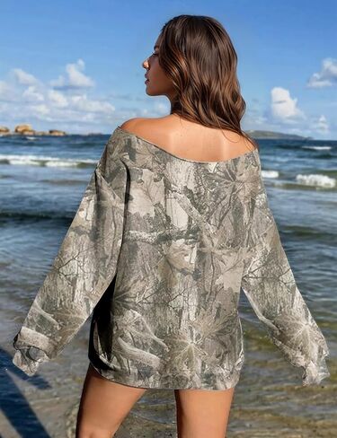 Ythomm Womens Camo Oversized Sweatshirts Off Shoulder Fleece Tops Long Sleeve Maple Leaf Print Fall Pullover Sweaters 2025 in Kuwait
