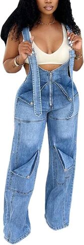 Women's Denim Overalls Cargo Straight Wide Leg Jumpsuit Adjustable Strap Sleeveless Baggy Jean Bib Overalls in Kuwait