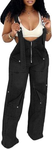 Women's Denim Overalls Cargo Straight Wide Leg Jumpsuit Adjustable Strap Sleeveless Baggy Jean Bib Overalls in Kuwait