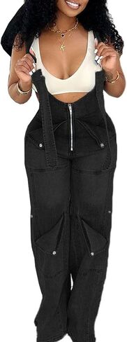 Women's Denim Overalls Cargo Straight Wide Leg Jumpsuit Adjustable Strap Sleeveless Baggy Jean Bib Overalls in Kuwait