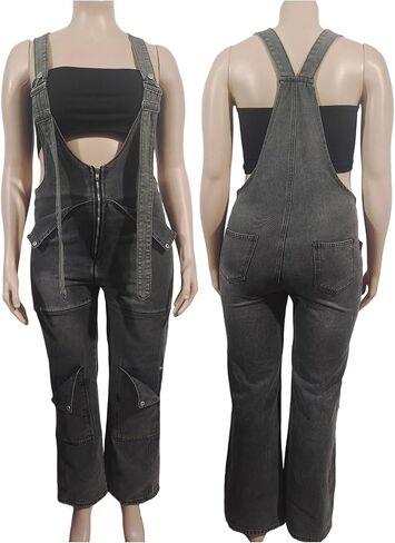 Women's Denim Overalls Cargo Straight Wide Leg Jumpsuit Adjustable Strap Sleeveless Baggy Jean Bib Overalls in Kuwait