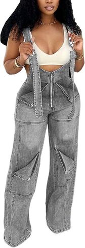 Women's Denim Overalls Cargo Straight Wide Leg Jumpsuit Adjustable Strap Sleeveless Baggy Jean Bib Overalls in Kuwait