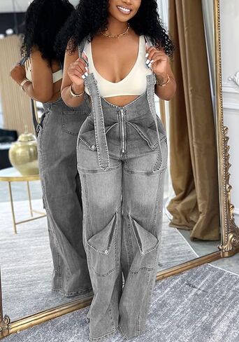Women's Denim Overalls Cargo Straight Wide Leg Jumpsuit Adjustable Strap Sleeveless Baggy Jean Bib Overalls in Kuwait