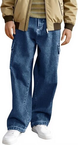 Haloumoning Boys Cargo Baggy Pants Elastic Waist Wide Leg Jeans Casual Demin Pants with Pockets 5-14 Years in Kuwait
